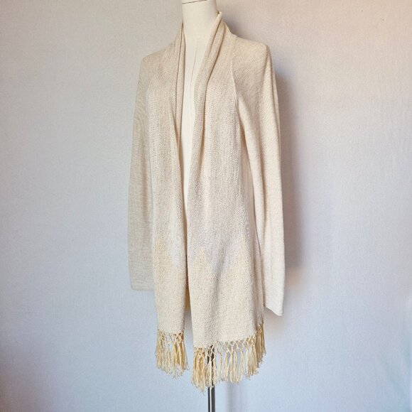 Lilly Pulitzer Tatum Fringe Hem Open Cardigan Cotton Blend Beige Gold Metallic - Picture 4 of 15